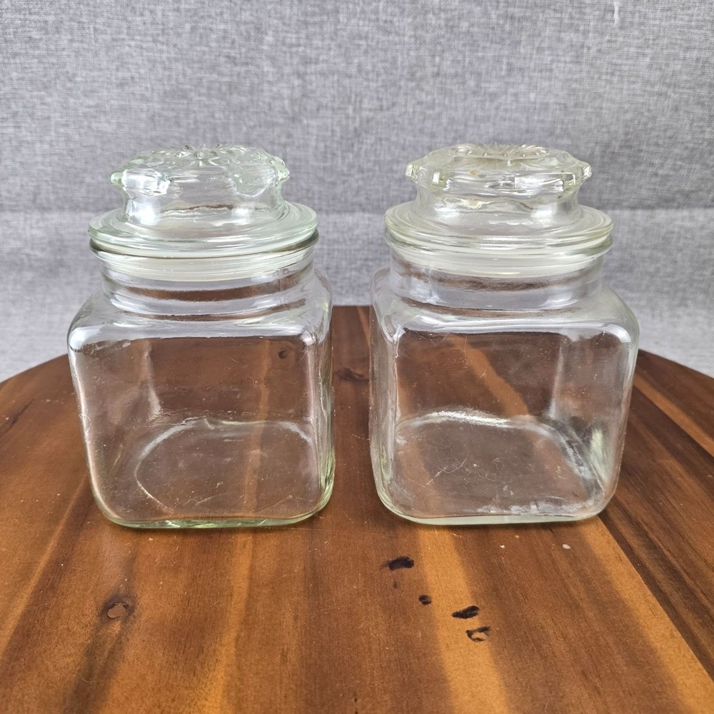 Set Of 2 Vintage Glass Apothecary Jars With Lids For Kitchen Storage Clear 6.5in